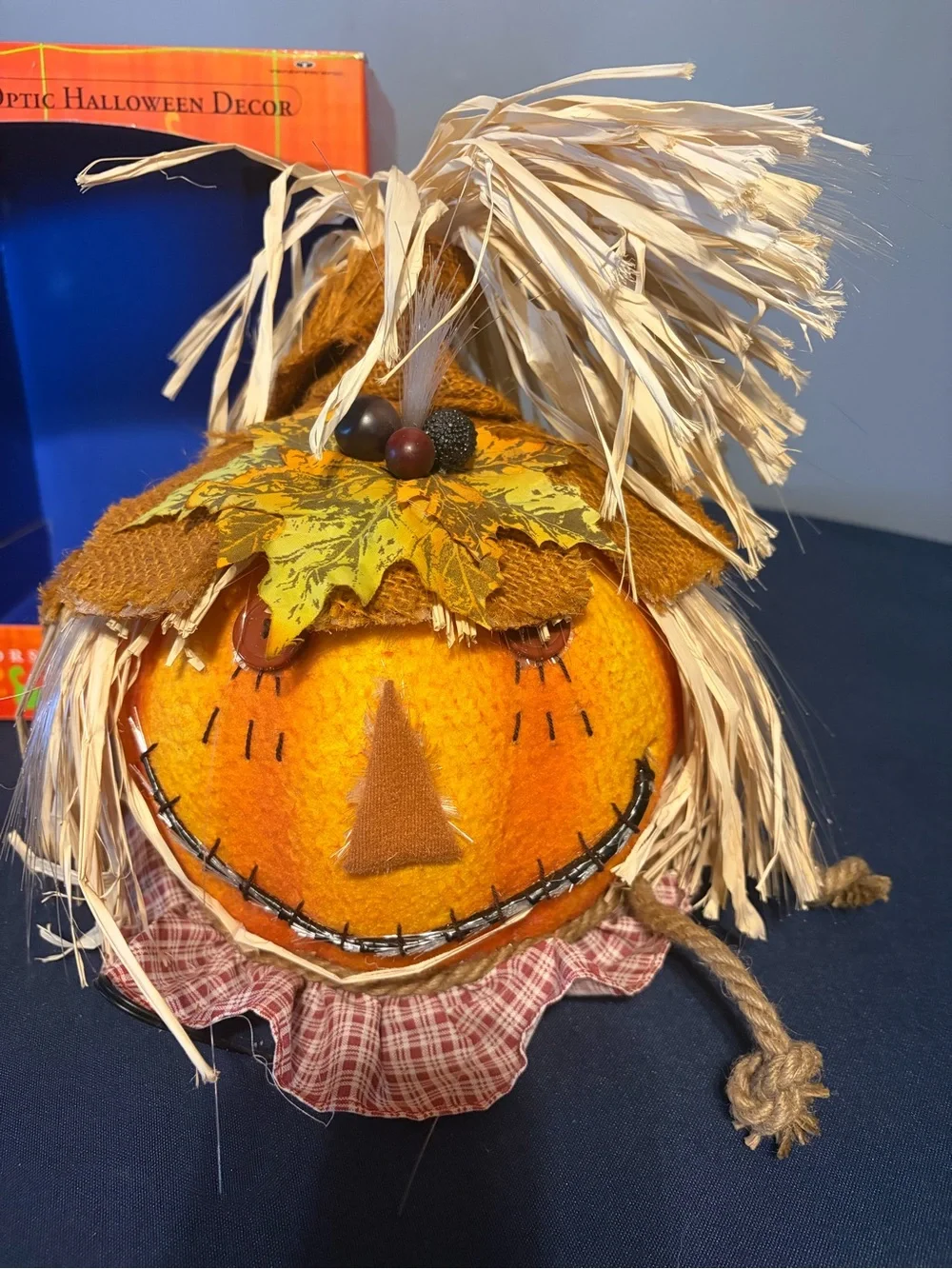 Vintage Colors Of Fall Halloween Fiber Optic Scarecrow Pumpkin With Hat And Box.
